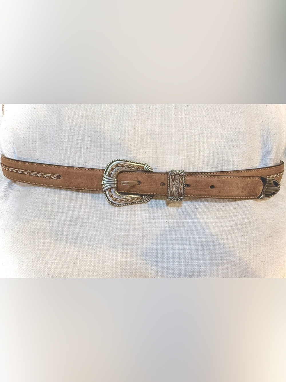 Tony Lama Brown Leather Western Belt with Engraved Silver Buckle